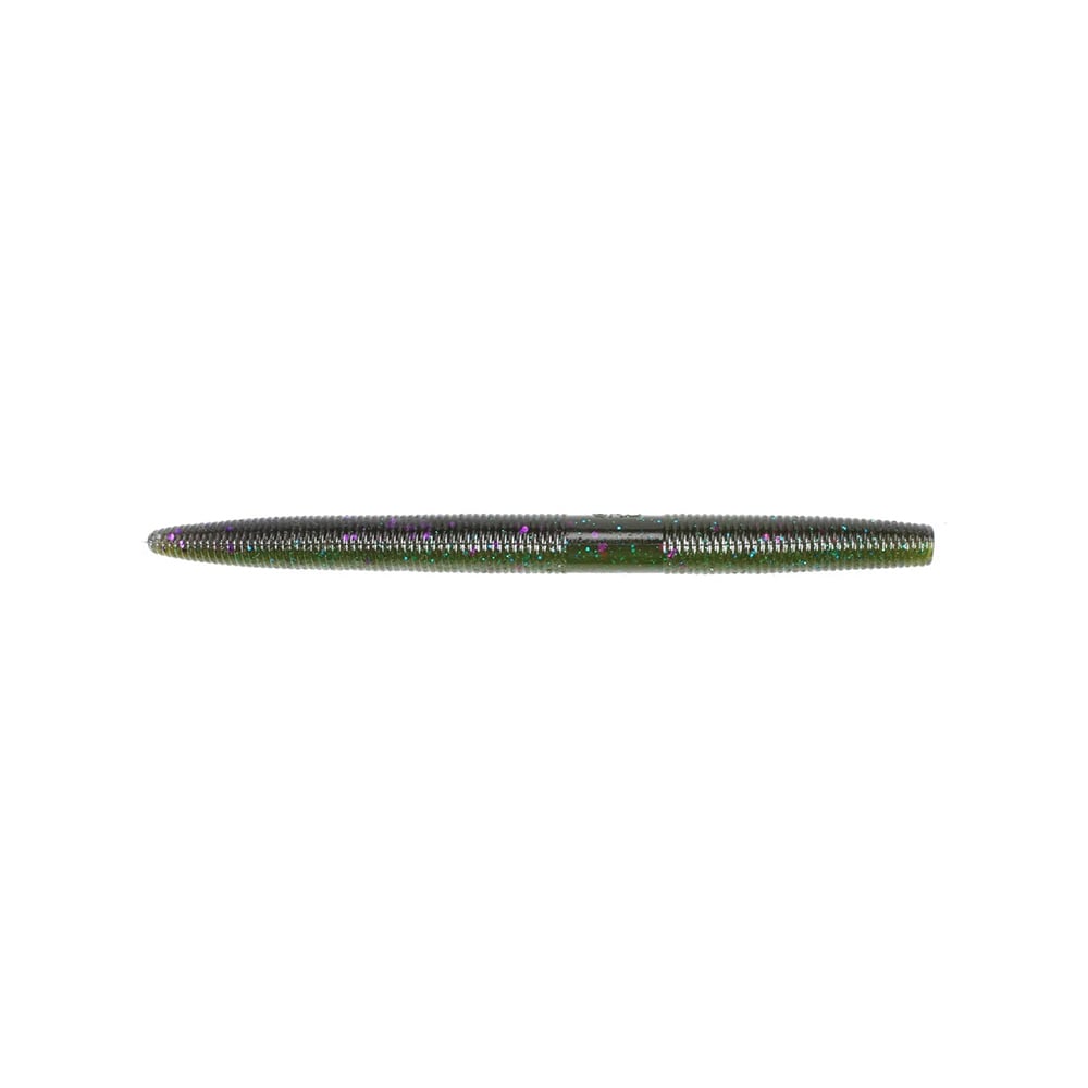 The Yamamoto Senko is a sleek, dark green plastic bait with textured ridges and subtle purple flecks for realism, perfect for fishing. It is presented on a white background.