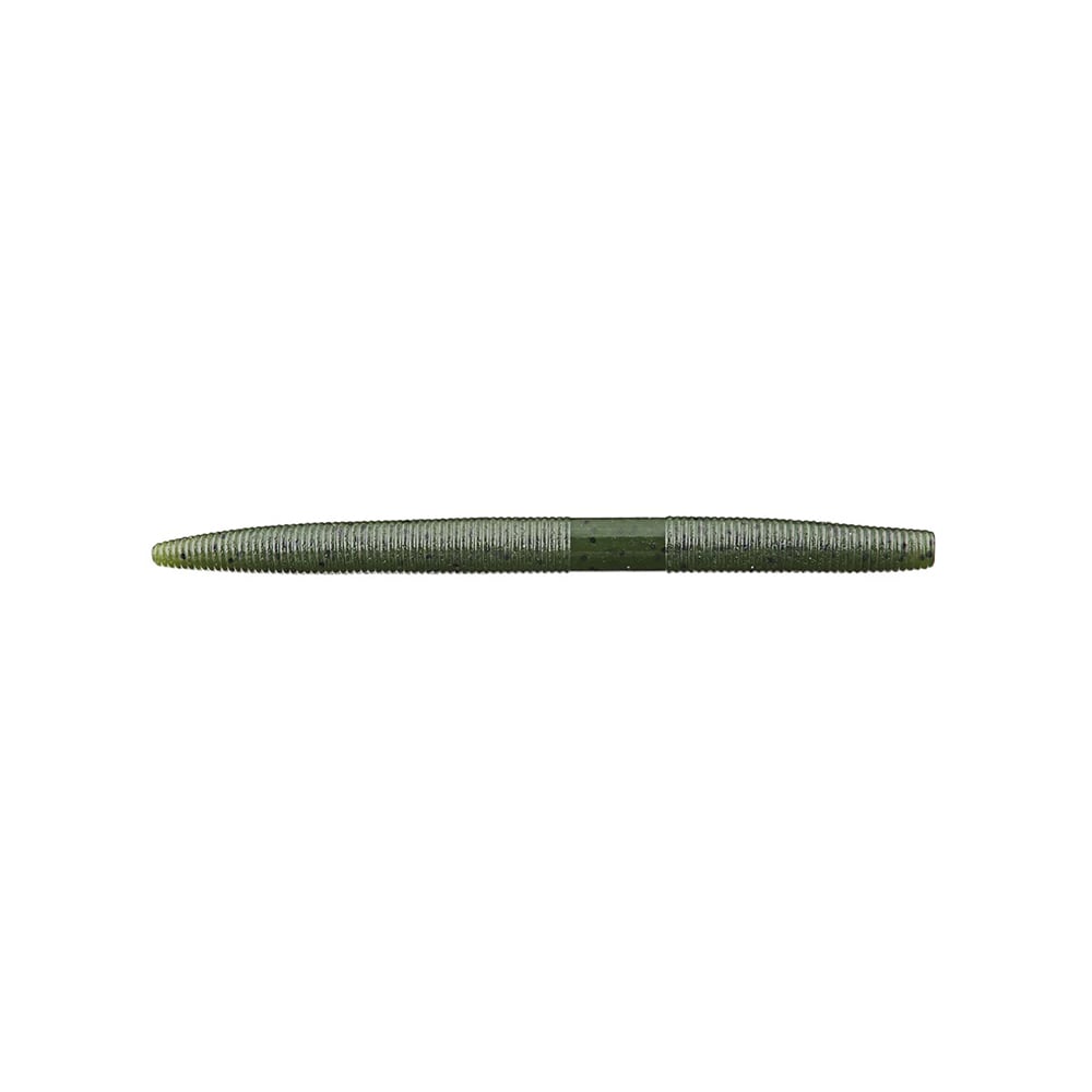 A green, ribbed Yamamoto Senko soft plastic fishing lure, shaped like a worm and displayed on a white background, has a tapered design that is thicker at the center and narrows at the ends. This bait style is popular among anglers.