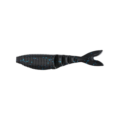 A Yamamoto Zako Swimbait fishing lure from the Yamamoto brand, designed with a fish shape in black rubber, textured ridges, scattered small blue specks, and a forked tail.