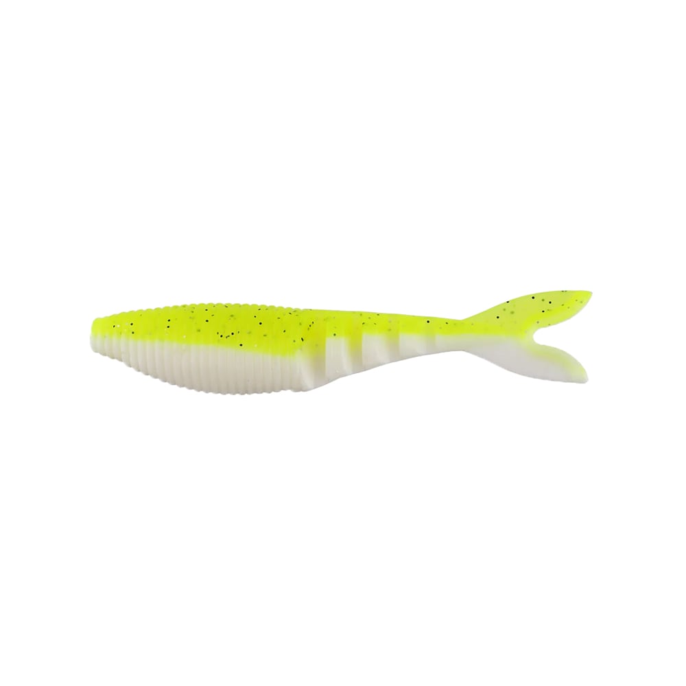 The Yamamoto Zako, crafted by the renowned Yamamoto brand, is a soft plastic fishing lure shaped like a small fish. It features a primarily yellow hue with a white belly and boasts a ribbed body texture. The top half is accented with speckles of black, making it an alluring choice for anglers seeking an effective swimbait trailer.