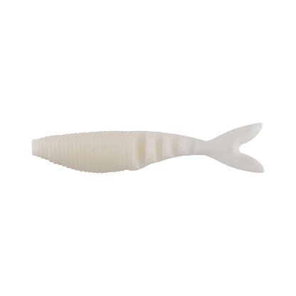 The Yamamoto Zako, a soft plastic fishing lure designed to resemble a small fish, boasts a ribbed body and forked tail in its white color. Ideal for use as a swimbait trailer, it is displayed against a plain white background.