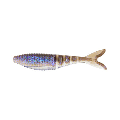 A detailed soft plastic fishing lure, the Yamamoto Zako by Yamamoto is designed to resemble a small fish with a ribbed body and forked tail. Its shimmering blue and brown color pattern makes it an enticing swimbait trailer, perfect for attracting fish in the water.