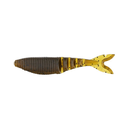 The Yamamoto Zako, a soft plastic fishing lure by Yamamoto, boasts a segmented brown and yellow design with a ribbed body and forked tail, making it perfect as a swimbait trailer. It is showcased against a white background.