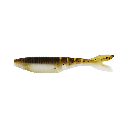 The Yamamoto Zako, by Yamamoto, is a ribbed soft plastic fishing lure featuring brown and white colors with speckled details and a forked tail. Designed to mimic a small fish, it excels as a swimbait trailer. It's showcased on a plain white background.