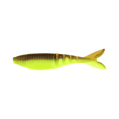 A bright yellow Yamamoto Zako Swimbait, featuring a ribbed body and split tail crafted from soft plastic to resemble a fish, displayed against a white background.