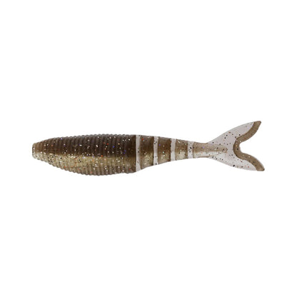 Introducing the Yamamoto Zako, a soft plastic fishing lure from Yamamoto featuring a ribbed body and forked tail design. This two-toned brown and white swimbait trailer includes speckled accents for enhanced realism, expertly crafted to mimic small fish for attracting larger catches.