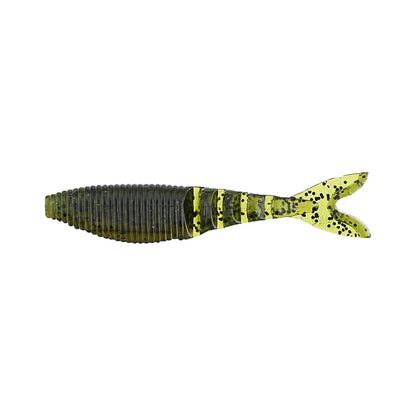 The Yamamoto Zako, a soft plastic fishing lure from the Yamamoto brand, mimics the appearance of a small fish. It is designed in dark green with black speckles on its forked tail, and features ribbed segments along the body that create a semi-transparent look. Perfect as a swimbait trailer, it enhances your angling setup by adding an enticing movement.