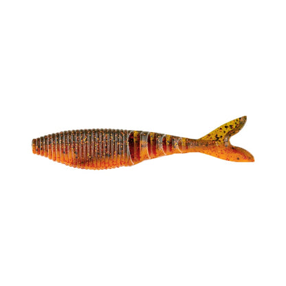 A detailed view of the Yamamoto Zako, a swimbait from Yamamoto, displaying a vivid orange and brown design with glitter. This fishing lure is characterized by its ribbed body and forked tail, shown against a simple white background, making it ideal as a swimbait trailer.