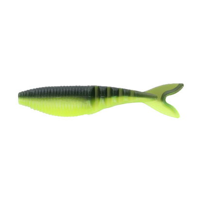 The Yamamoto Zako, a soft plastic fishing lure by Yamamoto, is designed to resemble a small fish with its green and black color scheme, ribbed body, and forked tail. Perfect for use as a swimbait trailer, it is showcased against a pristine white background to promise an enhanced angling experience.