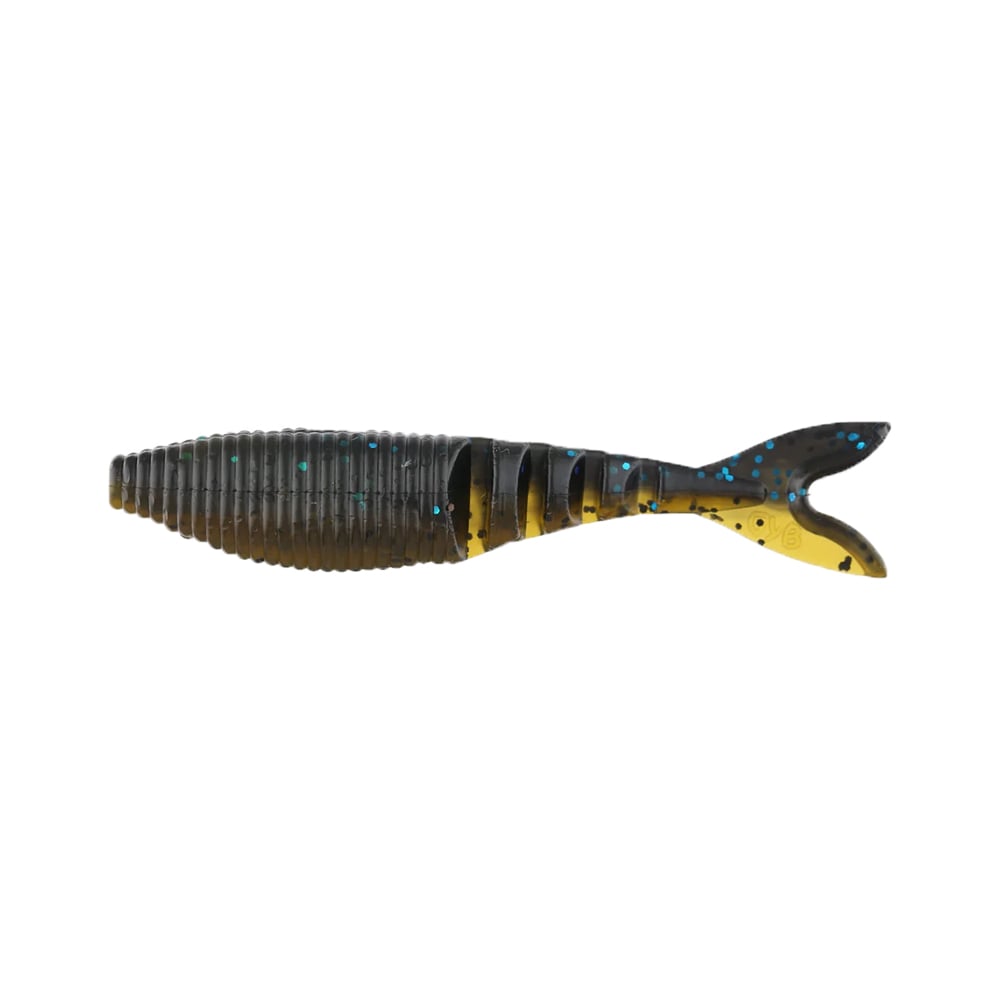 A Yamamoto Zako, in green and yellow with blue speckles and a forked tail, ideal as a swimbait trailer, is displayed against a white background.