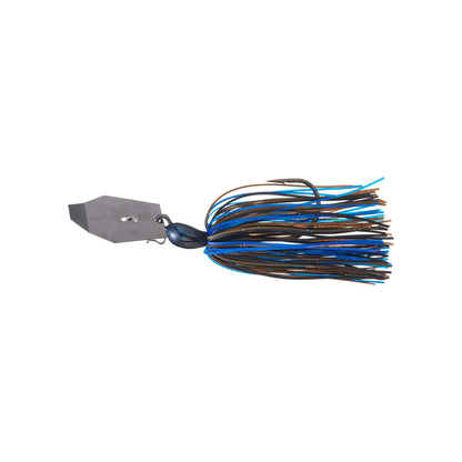 The Z-Man Big Blade Chatterbait, crafted by Z-Man, includes a metal blade and a lively skirt made of blue and brown strands, creating an enticing bladed swim jig.