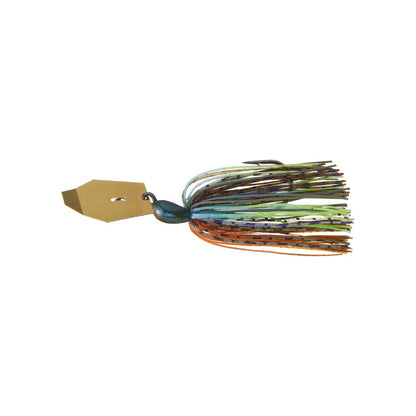 Introducing the Z-Man Big Blade Chatterbait by Z-Man, a bladed swim jig equipped with a distinctive hexagonal metal blade at the front and adorned with a vibrant skirt featuring shades of green, brown, and orange. This lure is expertly designed to attract fish by imitating natural movement in the water, making it ideal for anglers seeking that elusive bite.