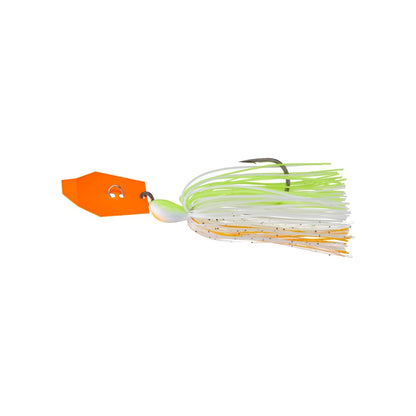 The Z-Man Big Blade ChatterBait from Z-Man features an eye-catching orange hexagonal head, a sturdy metal eyelet, and a vibrant multi-colored skirt with strands of white, green, and yellow. This dynamic design is enhanced with a single hook for optimal performance.