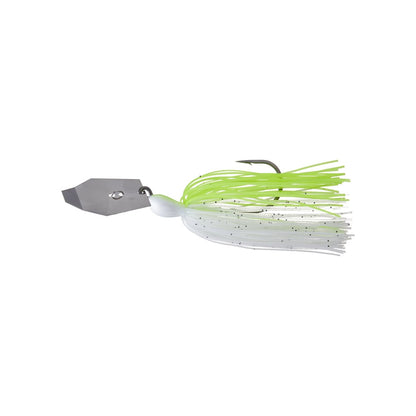 The Z-Man Big Blade Chatterbait features a silver hexagonal metal head and hook, complemented by green and white tassels that mimic a small fish, all set against a white background. Its bladed swim jig design ensures dynamic movement in the water, enticing even the wariest catch.