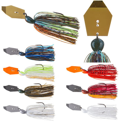 Various Z-Man Big Blade Chatterbait lures from Z-Man are showcased, featuring skirted designs. These bladed swim jigs come in a range of colors, such as green, blue, red, orange, and white. Each lure is equipped with a unique hexagonal metal head and a multi-colored flexible skirt to enhance attraction in the water.