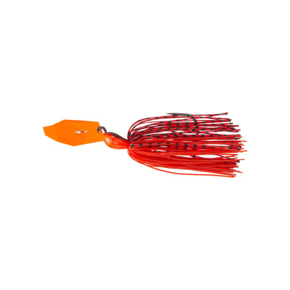 The Z-Man Big Blade Chatterbait features an orange and red design with black stripes, highlighted by a hexagonal-shaped ChatterBlade at the top and multiple fringes hanging below, all displayed against a white background.