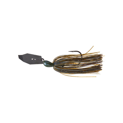 A Z-Man Big Blade Chatterbait fishing lure by Z-Man, featuring a black hexagonal blade and a multicolored skirt adorned with strands of olive green, brown, and yellow. The skirt is enhanced with sparkles, revealing a curved hook underneath.