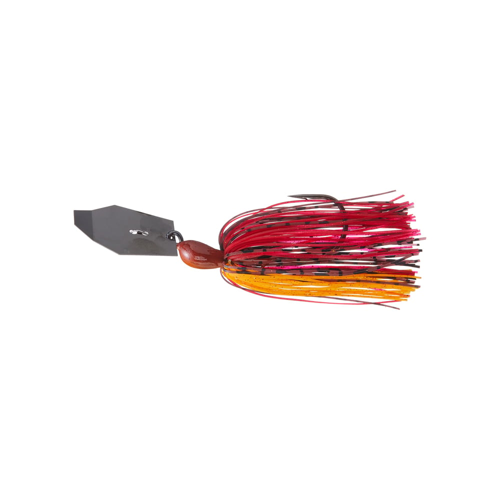 The Z-Man Big Blade Chatterbait by Z-Man showcases a gleaming silver blade on one end and a vibrant, fringed skirt in red, orange, and yellow hues on the other. This bladed swim jig's expertly designed skirt imitates the look of small prey perfectly.