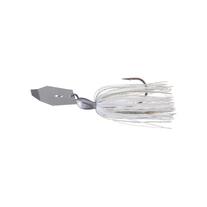 The Z-Man Big Blade Chatterbait fishing lure gleams with a metal blade and features a skirt of delicate, white strands. Created to entice fish, this bladed swim jig by Z-Man is showcased against a plain white background.