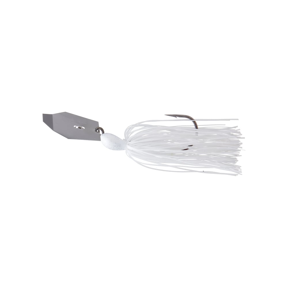 A Z-Man Big Blade Chatterbait, from the brand Z-Man, is a fishing lure with a white color, featuring a jig head, fringed skirt, and a hook at the back.