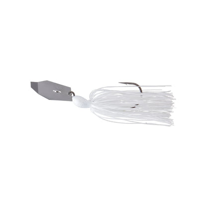 A Z-Man Big Blade Chatterbait, from the brand Z-Man, is a fishing lure with a white color, featuring a jig head, fringed skirt, and a hook at the back.