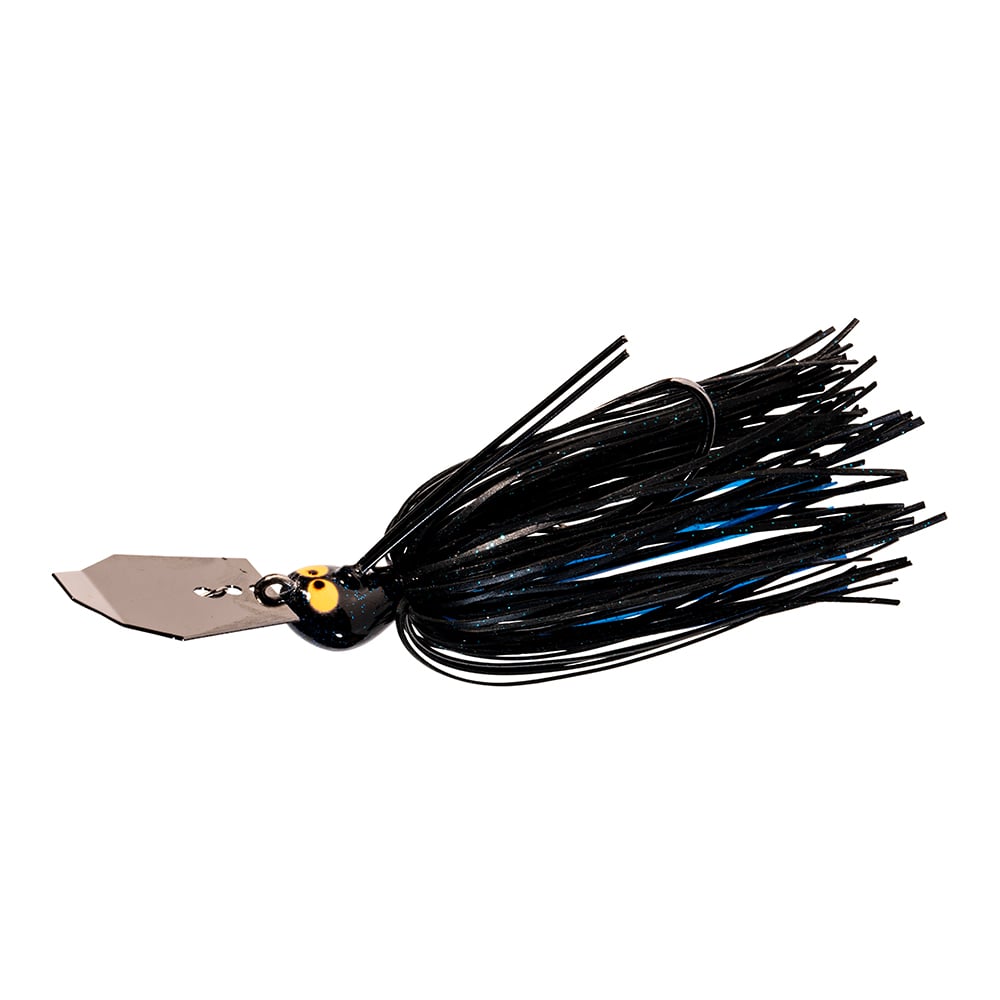 The Z-Man Crosseyez Chatterbait, by Z-Man, boasts a black fishing lure with a gleaming angular metal blade at the forefront. It is adorned with silicone skirts that mimic an elongated black skirt and features a rounded head with two yellow and black eyes. Additionally, it includes a weedguard to ensure your casting remains snag-free.