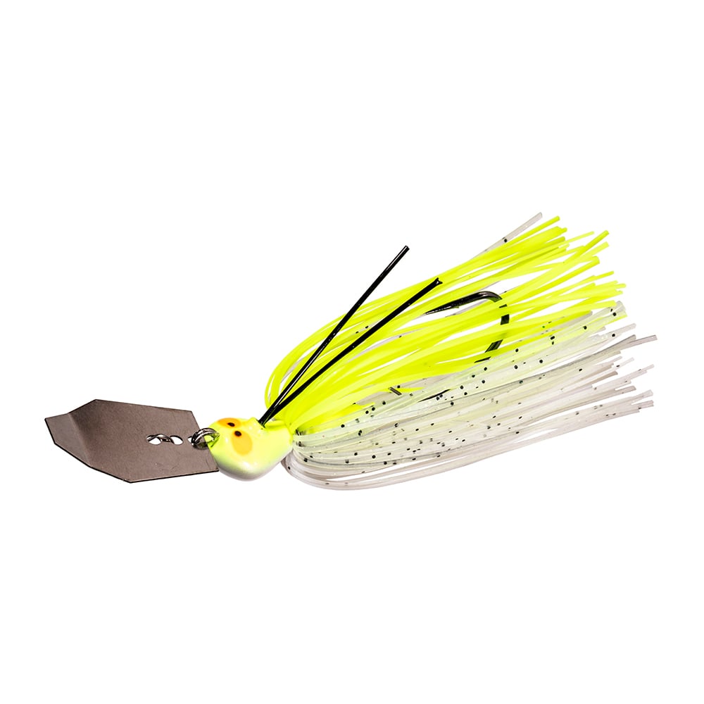 The Z-Man Crosseyez Chatterbait, from the brand Z-Man, features a fishing lure with a yellow and white silicone skirt and a metallic blade. Its round head with painted eyes is enhanced by multiple strands for added attraction, while the weedguard ensures smooth navigation through underwater obstacles.