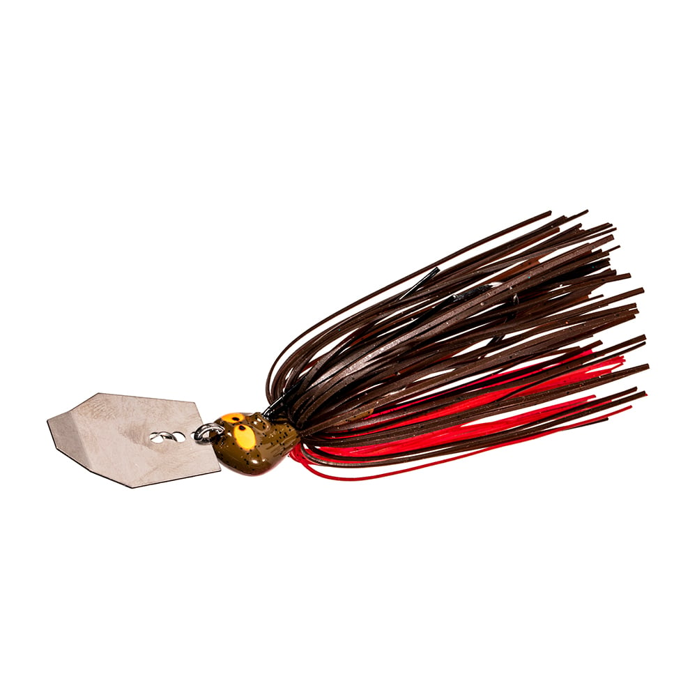 The Z-Man Crosseyez Chatterbait by Z-Man features a metal hexagonal blade, a shiny gold head, and a long skirt comprised of brown and red silicone strands, along with a weedguard designed for navigating dense vegetation.