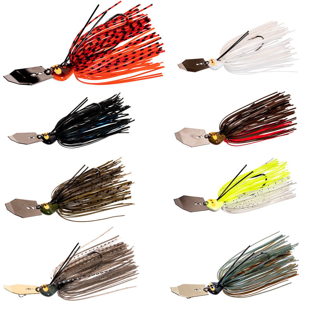 A set of eight vibrant fishing lures resembling the Z-Man Crosseyez Chatterbait, featuring metal blades and silicone skirts. The collection includes a variety of colors such as red, white, black, brown, yellow, and green. Each lure showcases a distinct color pattern and design to elevate your fishing experience.