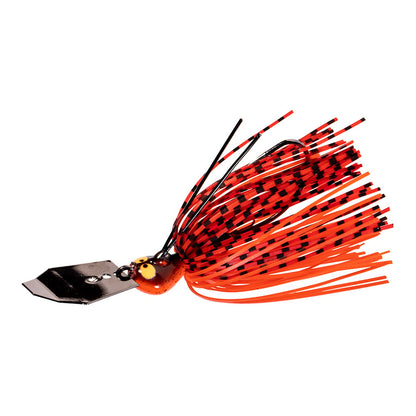 Introducing the Z-Man Crosseyez Chatterbait, a fishing lure by Z-Man, featuring a metal blade and red fringes with black-striped patterns. Designed to attract fish with its vibrant color and dynamic movement, it also includes silicone skirts for enhanced appeal.