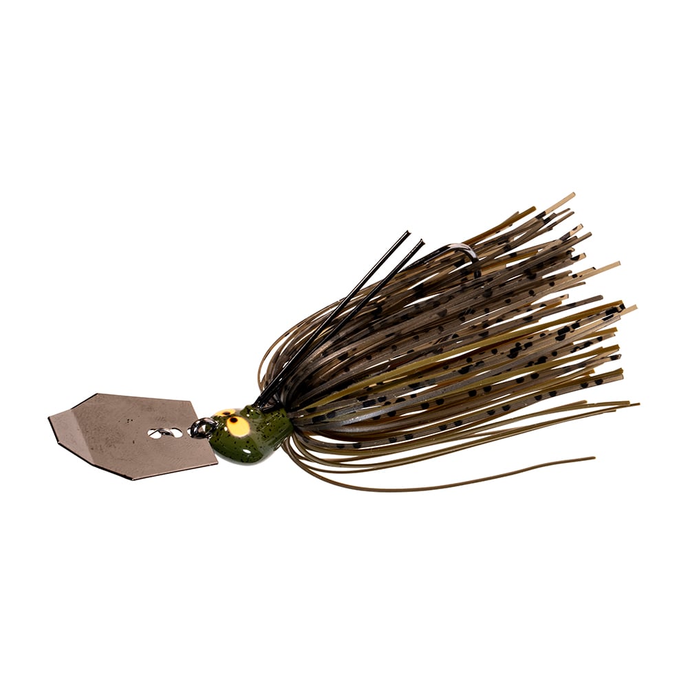 The Z-Man Crosseyez Chatterbait, by Z-Man, showcases a green head and yellow eyes paired with a metal blade. Its skirt comprises long, thin silicone strands in shades of brown and black. Additionally, it features a weedguard for easy navigation through dense underwater vegetation.