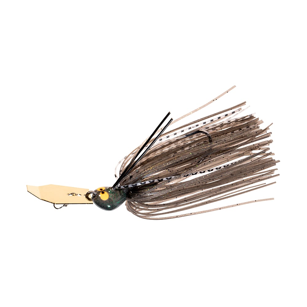 The Z-Man Crosseyez Chatterbait fishing lure, crafted by Z-Man, features a gold hexagonal blade and a vibrant, multi-colored silicone skirt incorporating brown and gray strands. It has a green head with eyes and is designed for freshwater environments. Additionally, it includes a weedguard to help navigate through challenging underwater vegetation.