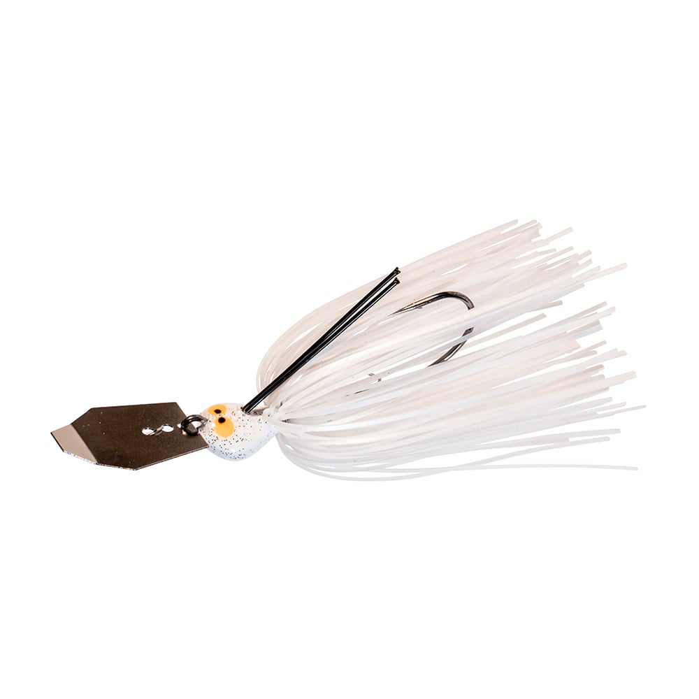 The Z-Man Crosseyez Chatterbait, a product from Z-Man, features a white jighead, hook, and frilly silicone skirt to enhance its appeal for anglers.