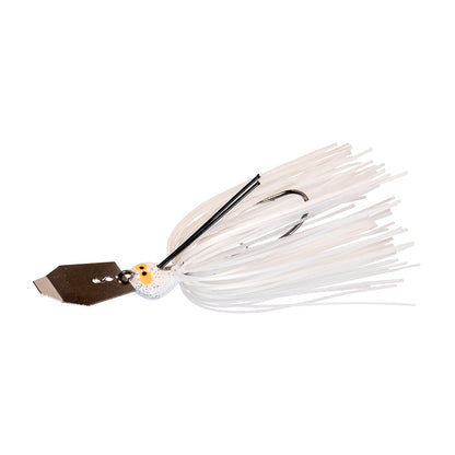 The Z-Man Crosseyez Chatterbait, a product from Z-Man, features a white jighead, hook, and frilly silicone skirt to enhance its appeal for anglers.