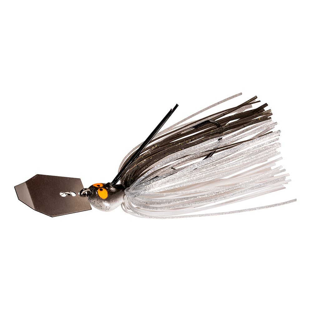 The Z-Man Crosseyez Chatterbait by Z-Man is equipped with a hexagonal metal blade, bulging eyes, and a dynamic silicone skirt featuring long, thin silver and black strands. Its design ensures that weeds won't interfere with your next big catch.