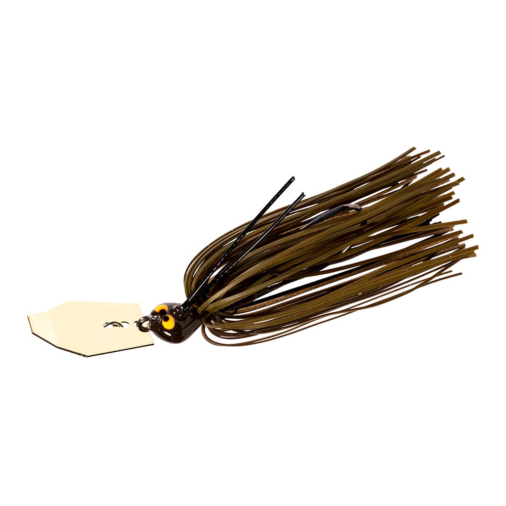 This Z-Man Crosseyez Chatterbait boasts a white hexagonal blade and brown silicone skirts, complemented by a small round head near the blade attachment. With an integrated weedguard, it is engineered to navigate smoothly through underwater obstacles.