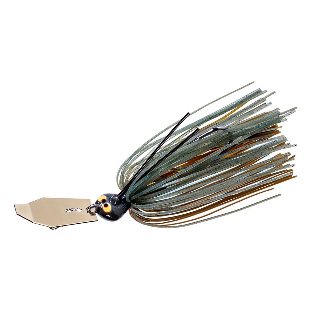 The Z-Man Crosseyez Chatterbait, a fishing lure from Z-Man, includes a hexagonal metal blade and multi-colored silicone skirts in hues of green and black. It features a robust weedguard and a black head with intricate eye markings aimed at effectively attracting fish.