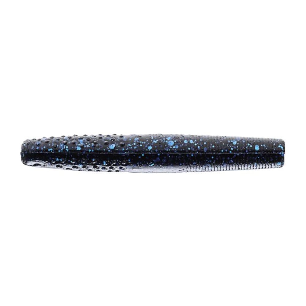 A close-up of a black Z-Man Finesse TRD lure with blue speckles highlights its cylindrical, textured body and tapered ends. The surface features small bumps for a lifelike look, ideal for Midwest finesse techniques.