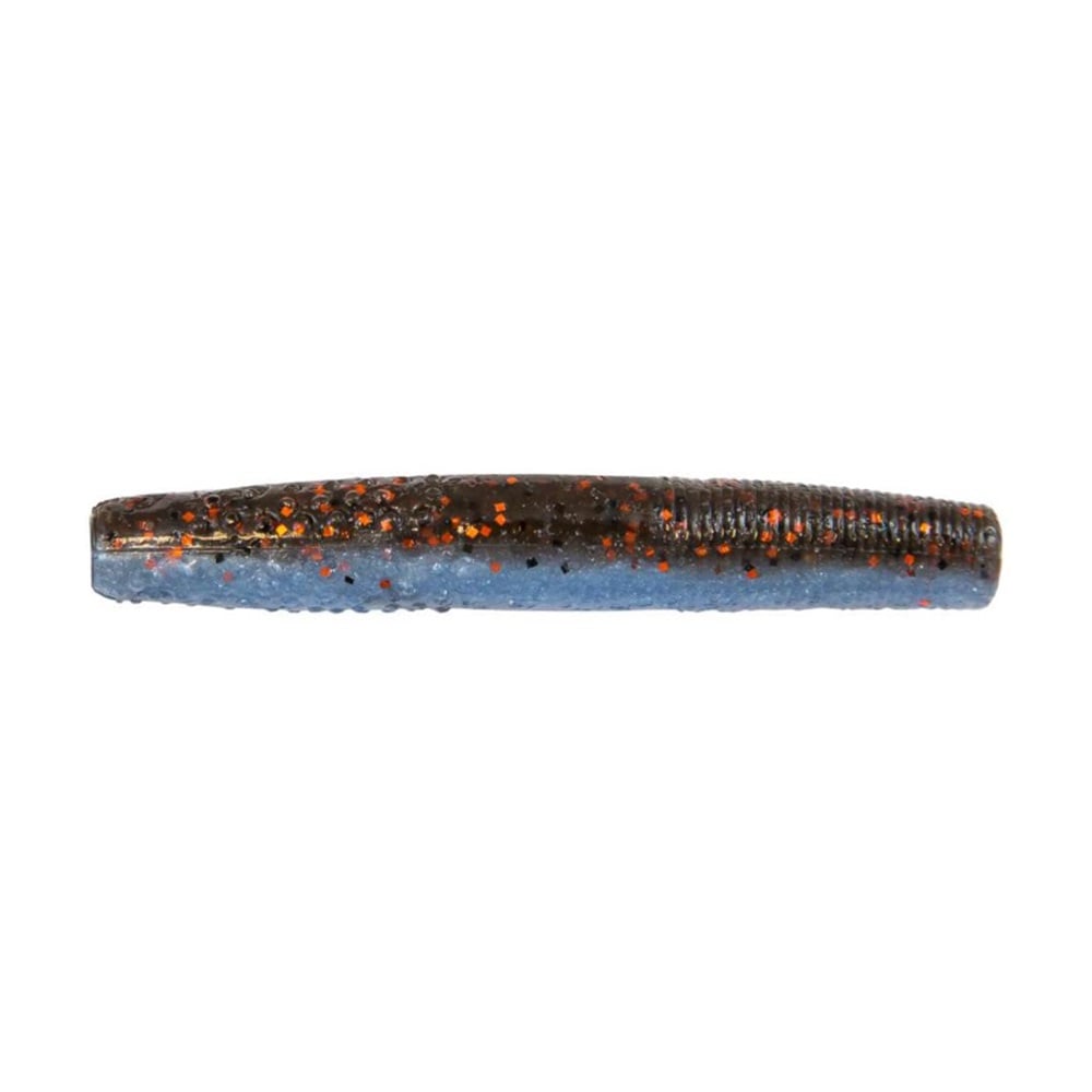 A close-up of the Z-Man Finesse TRD, a cylindrical, soft plastic lure from Z-Man. It features a blue body with brown and orange speckles, crafted from ElaZtech with a textured surface perfect for bass fishing in the Midwest finesse style.