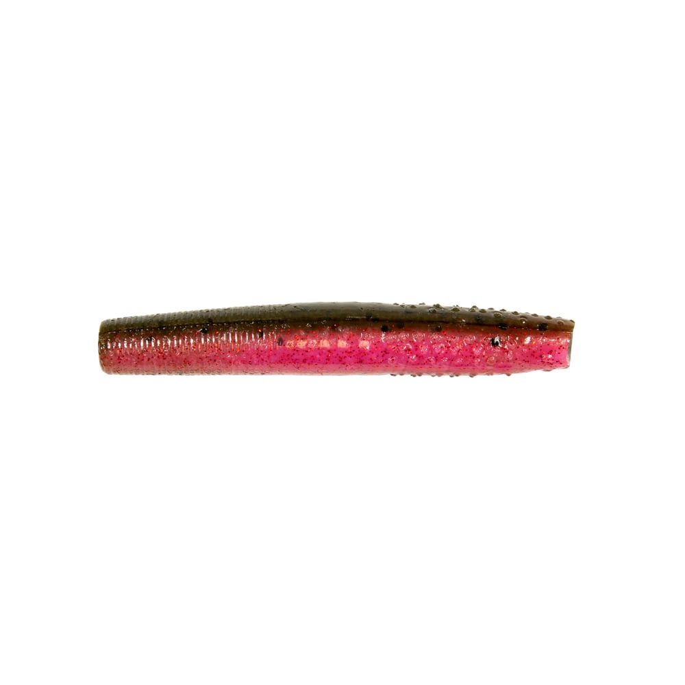 A Z-Man Finesse TRD fishing lure by Z-Man, with a dark green top and bright pink bottom featuring textured bumps, crafted from durable ElaZtech material, is shown close-up against a white background. Ideal for Midwest finesse techniques.