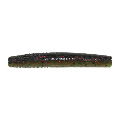 The Z-Man Finesse TRD fishing lure resembles a short, thick worm and features a green color with black and red specks. Made from durable ElaZtech material, it effectively mimics real worm texture, perfect for Midwest finesse techniques.