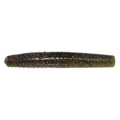 A close-up of a Z-Man Finesse TRD bait shows its green plastic, red-speckled, textured surface resembling a worm. Made from ElaZtech by Z-Man, it's designed for Midwest finesse fishing with its cylindrical shape and ribbed details.