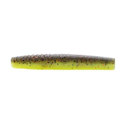 The Z-Man Finesse TRD by Z-Man is a soft plastic lure made from ElaZtech. It has a two-tone design with an orange and black speckled top over a dark base and a bright yellow-green bottom. Perfect for Midwest finesse techniques, it features a cylindrical shape that tapers subtly at one end.