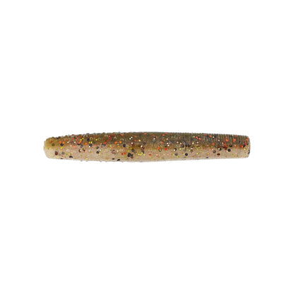 The Z-Man Finesse TRD soft plastic lure by Z-Man is cylindrical and colored in gradients of brown, green, and sand with colorful glitter, ideal for mimicking small baitfish during Midwest finesse techniques.