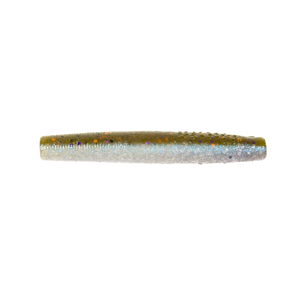 The Z-Man Finesse TRD, from Z-Man, is a soft plastic fishing lure made of durable ElaZtech. It mimics a small fish with shimmering green and silver tones, speckled details, and its simple worm-like design is ideal for Midwest finesse techniques using the popular Finesse TRD approach.