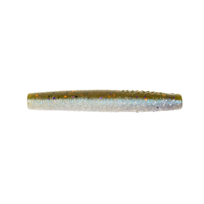 The Z-Man Finesse TRD, from Z-Man, is a soft plastic fishing lure made of durable ElaZtech. It mimics a small fish with shimmering green and silver tones, speckled details, and its simple worm-like design is ideal for Midwest finesse techniques using the popular Finesse TRD approach.