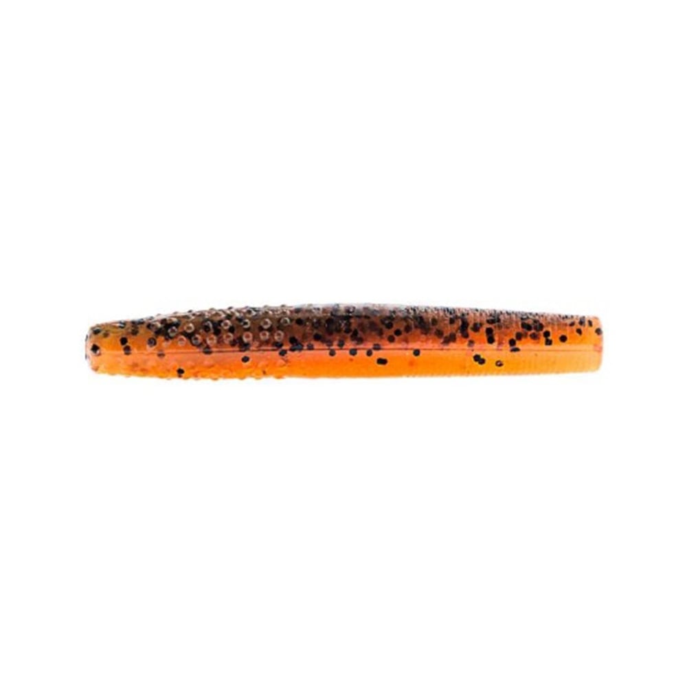 The Z-Man Finesse TRD, made by Z-Man, is a worm-shaped lure crafted from ElaZtech material. It features a bright orange body with black speckles on the top half and has a smooth, slightly glossy finish ideal for Midwest finesse techniques.