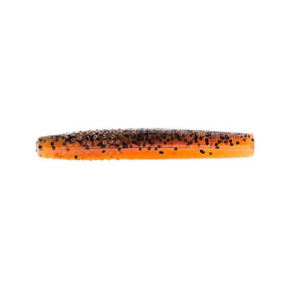 The Z-Man Finesse TRD, made by Z-Man, is a worm-shaped lure crafted from ElaZtech material. It features a bright orange body with black speckles on the top half and has a smooth, slightly glossy finish ideal for Midwest finesse techniques.