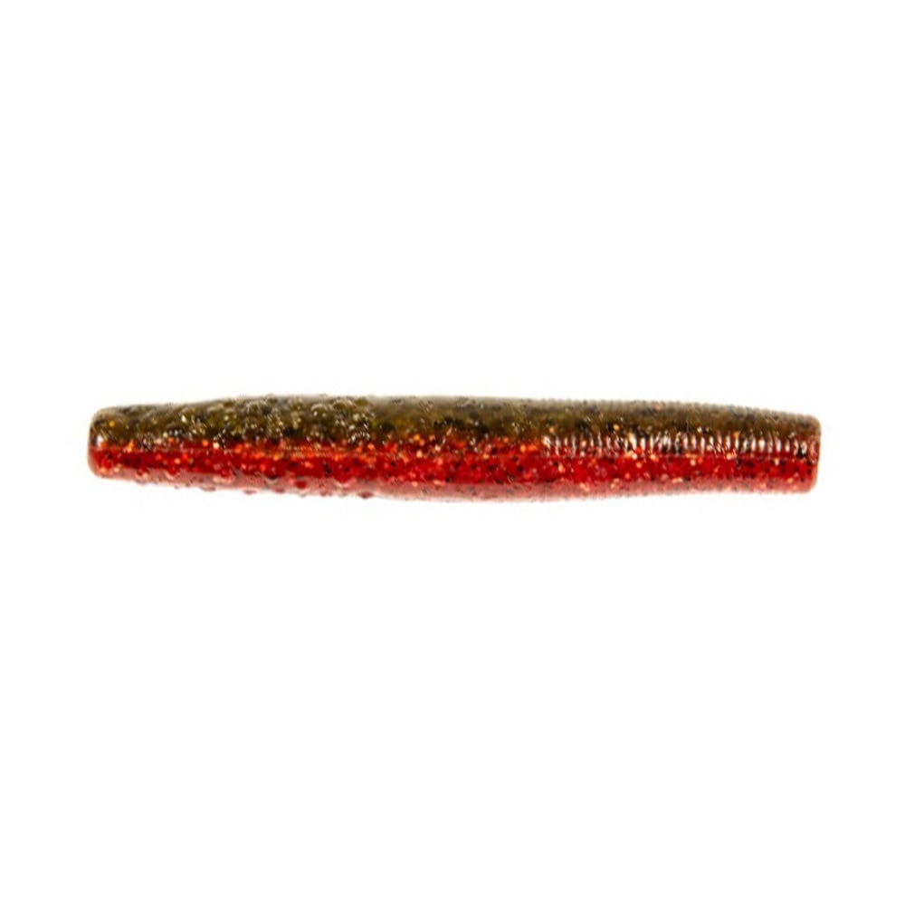 The Z-Man Finesse TRD by Z-Man is a soft plastic fishing lure made from durable ElaZtech material. It has a worm-like, cylindrical shape with textured bumps and boasts a color gradient from dark green to reddish-brown, perfect for Midwest finesse techniques against plain backgrounds.