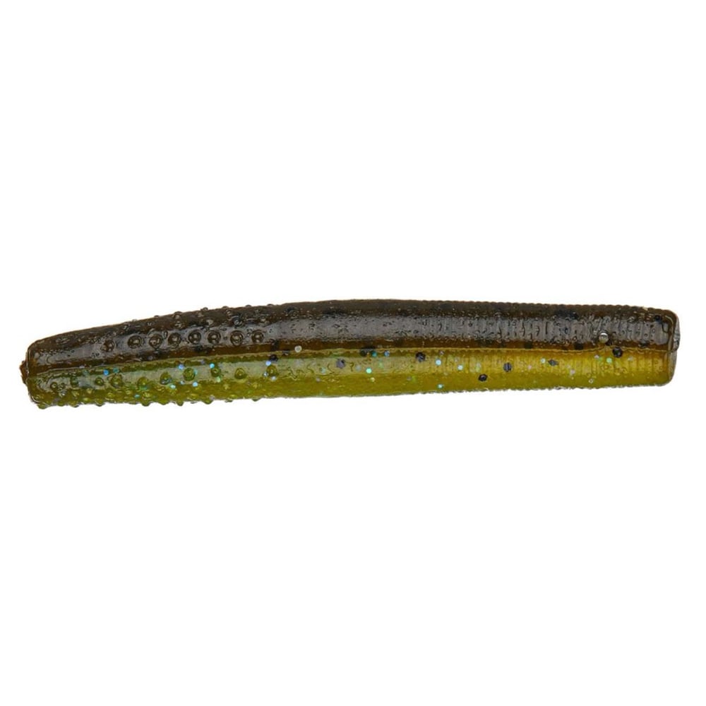 The Z-Man Finesse TRD by Z-Man is a durable, realistic worm-shaped fishing bait made from ElaZtech. It features a dual color of dark brown on top and greenish-yellow underneath, with a textured surface and embedded glitter to boost its Midwest finesse appeal.